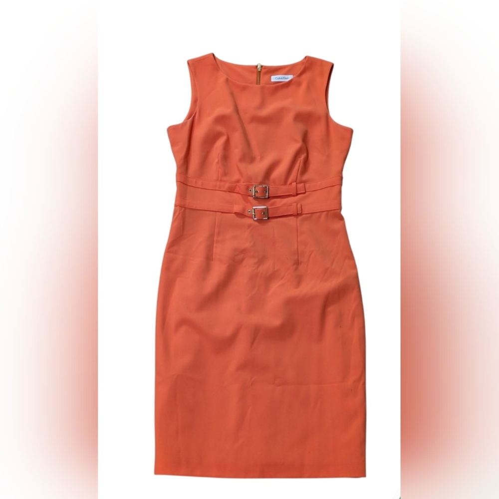 Calvin Klein Sleeveless Orange Belted Sheath Dress